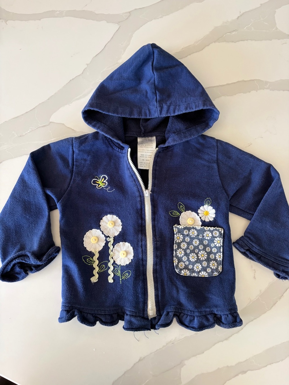Vtg Girls 24M Blue/White Floral Embroidered Patchwork Full Zip Hooded Sweater